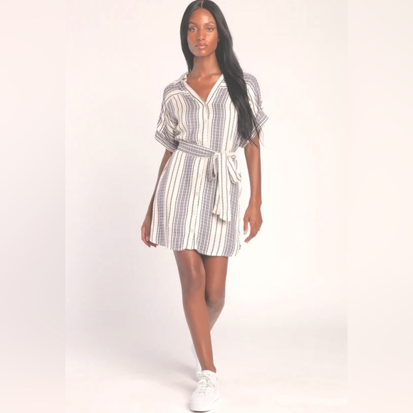 LULUS Beach Weekend Cream and Purple Striped Button-Up Shirt Dress Belted Lined - Picture 6 of 15